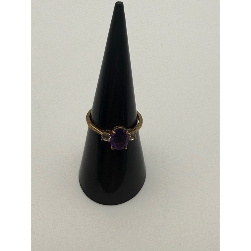 Vintage 10K Yellow Gold Oval Amethyst Three Stone Ring SUN 1.48g